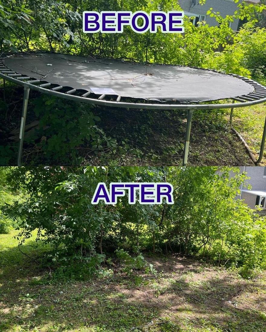 Trampoline dismantled and removed from a backyard